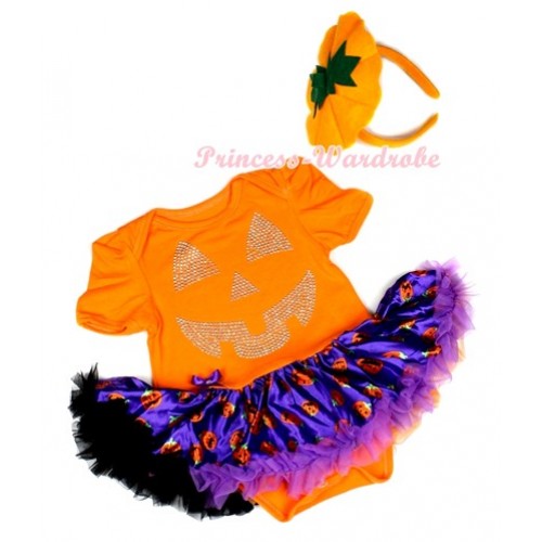 Halloween Orange Baby Jumpsuit Dark Purple Orange Black Pumpkin Pettiskirt With Sparkle Crystal Glitter Pumpkin Print With Pumpkin Headband JS1264 