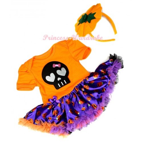 Halloween Orange Baby Jumpsuit Dark Purple Orange Black Pumpkin Pettiskirt With Black Skeleton Print With Pumpkin Headband JS1265 