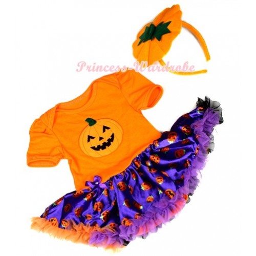 Halloween Orange Baby Jumpsuit Dark Purple Orange Black Pumpkin Pettiskirt With Pumpkin Print With Pumpkin Headband JS1266 