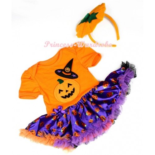 Halloween Orange Baby Jumpsuit Dark Purple Orange Black Pumpkin Pettiskirt With Pumpkin Witch Hat & Pumpkin Print With Pumpkin Headband JS1267 