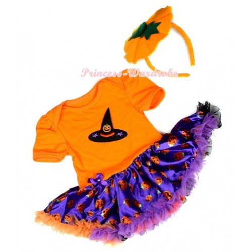 Halloween Orange Baby Jumpsuit Dark Purple Orange Black Pumpkin Pettiskirt With Pumpkin Witch Hat Print With Pumpkin Headband JS1268 