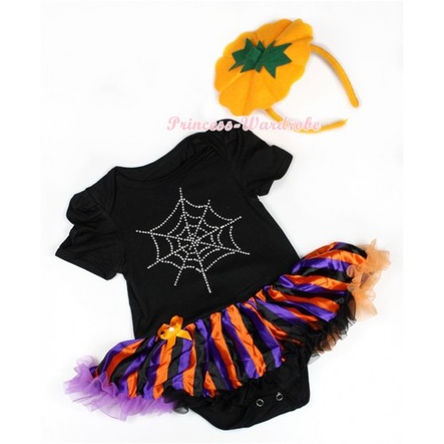 Halloween Black Baby Jumpsuit Dark Purple Orange Black Striped Pettiskirt With Sparkle Crystal Glitter Spider Web Print With Pumpkin Headband JS1269 