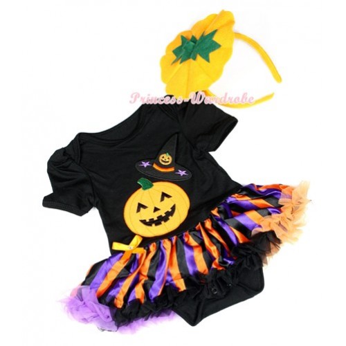 Halloween Black Baby Jumpsuit Dark Purple Orange Black Striped Pettiskirt With Pumpkin Witch Hat & Pumpkin Print With Pumpkin Headband JS1271 