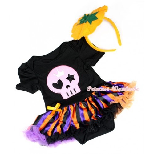 Halloween Black Baby Jumpsuit Dark Purple Orange Black Striped Pettiskirt With Light Pink Skeleton Print With Pumpkin Headband JS1273 