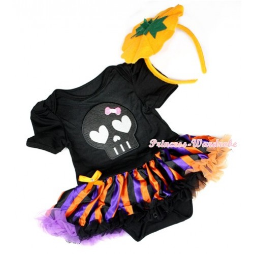 Halloween Black Baby Jumpsuit Dark Purple Orange Black Striped Pettiskirt With Black Skeleton Print With Pumpkin Headband JS1274 