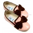 Light Pink Chocolate Brown Bow Patent Leather Slip On Deck Boat Girl Shoes SE021