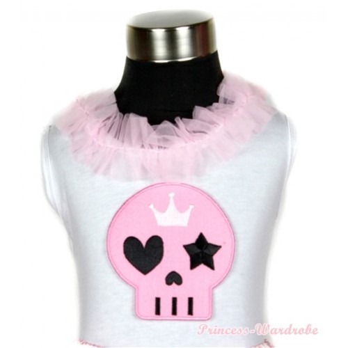 Halloween White Tank Tops with Light Pink Skeleton Print with Light Pink Chiffon Lacing TB416 