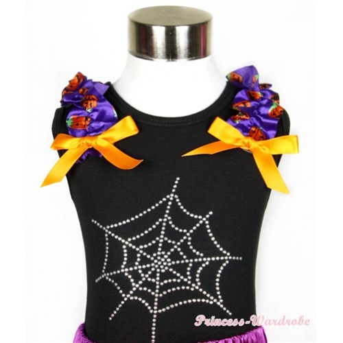 Halloween Black Tank Top With Dark Purple Pumpkin Ruffles & Orange Bow With Sparkle Crystal Glitter Spider Web Print TB418 