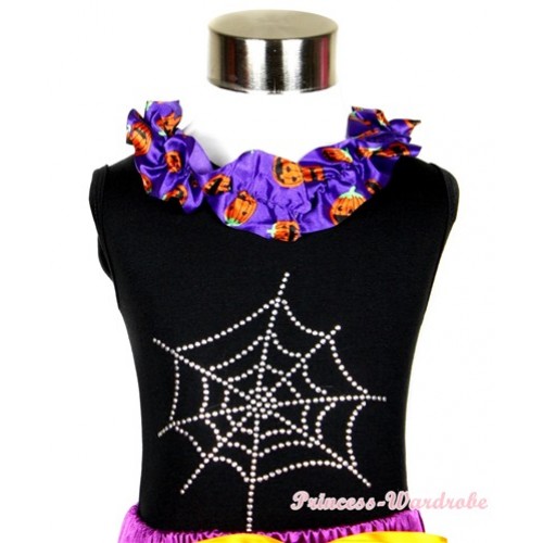Halloween Black Tank Top With Dark Purple Pumpkin Satin Lacing With Sparkle Crystal Glitter Spider Web Print TB422 