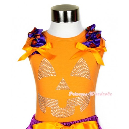 Halloween Orange Tank Top with Dark Purple Pumpkin Ruffles & Orange Bows & Sparkle Crystal Glitter Pumpkin Print TN226 