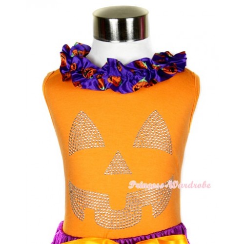 Halloween Orange Tank Top With Dark Purple Pumpkin Satin Lacing With Sparkle Crystal Glitter Pumpkin Print TN227 