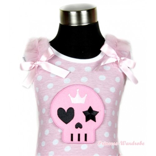 Halloween Light Pink White Dots Tank Top With Light Pink Skeleton Print With Light Pink Ruffles & Light Pink Bows TP134 