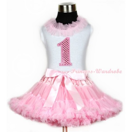 Halloween White Tank Top With Light Pink Chiffon Lacing & 1st Sparkle Light Pink Birthday Number Print With Light Pink Pettiskirt MG667 
