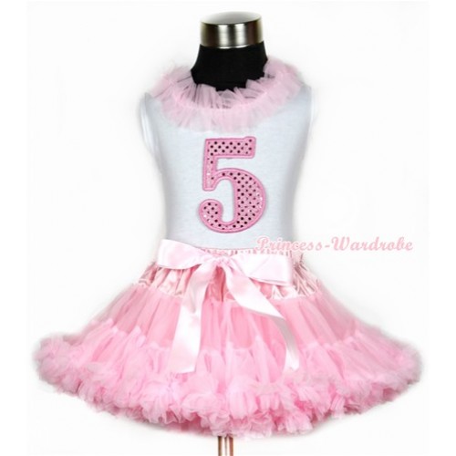 Halloween White Tank Top With Light Pink Chiffon Lacing & 5th Sparkle Light Pink Birthday Number Print With Light Pink Pettiskirt MG671 