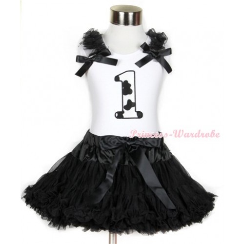 Halloween White Tank Top with 1st Milk Cow Birthday Number Print with Black Ruffles & Black Bow & Black Pettiskirt MG681 