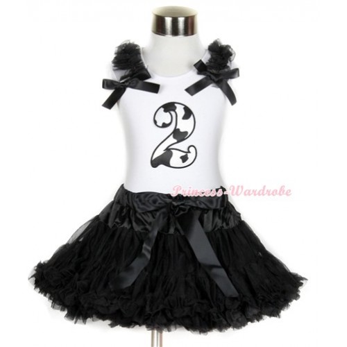 Halloween White Tank Top with 2nd Milk Cow Birthday Number Print with Black Ruffles & Black Bow & Black Pettiskirt MG682 