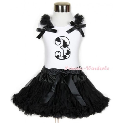 Halloween White Tank Top with 3rd Milk Cow Birthday Number Print with Black Ruffles & Black Bow & Black Pettiskirt MG683 