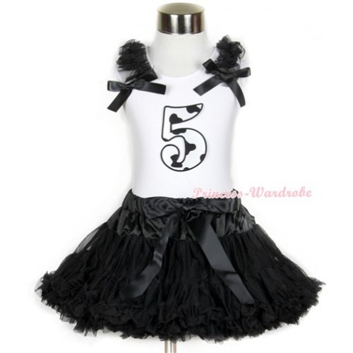 Halloween White Tank Top with 5th Milk Cow Birthday Number Print with Black Ruffles & Black Bow & Black Pettiskirt MG685 