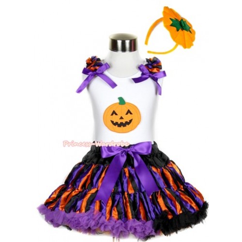 Halloween White Tank Top with Pumpkin Print with Dark Purple Orange Black Striped Ruffles& Dark Purple Bow & Dark Purple Orange Black Striped Pettiskirt With Pumpkin Costume MG693 