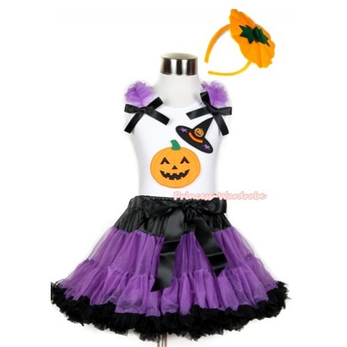 Halloween White Tank Top with Pumpkin Witch Hat & Pumpkin Print with Dark Purple Ruffles& Black Bow & Black Dark Purple Pettiskirt With Pumpkin Costume MG694 