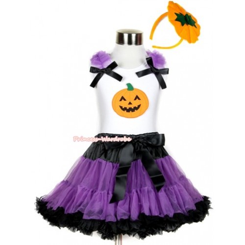 Halloween White Tank Top with Pumpkin Print with Dark Purple Ruffles& Black Bow & Black Dark Purple Pettiskirt With Pumpkin Costume MG695 