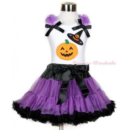 Halloween White Tank Top with Pumpkin Witch Hat & Pumpkin Print with Dark Purple Ruffles & Black Bow & Black Purple Pettiskirt MG687 