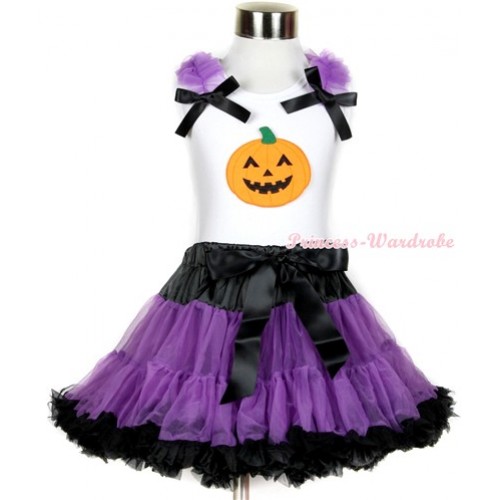 Halloween White Tank Top with Pumpkin Print with Dark Purple Ruffles & Black Bow & Black Purple Pettiskirt MG688 