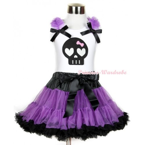 Halloween White Tank Top with Black Skeleton Print with Dark Purple Ruffles & Black Bow & Black Purple Pettiskirt MG689 