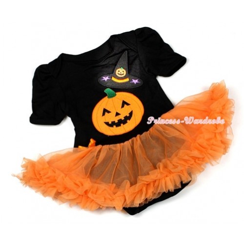 Halloween Black Baby Jumpsuit Orange Pettiskirt with Pumpkin Witch Hat & Pumpkin Print JS1281 