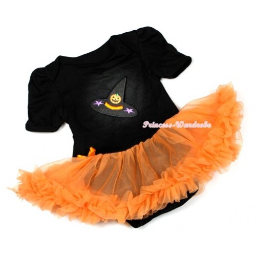 Halloween Black Baby Jumpsuit Orange Pettiskirt with Pumpkin Witch Hat Print JS1282 