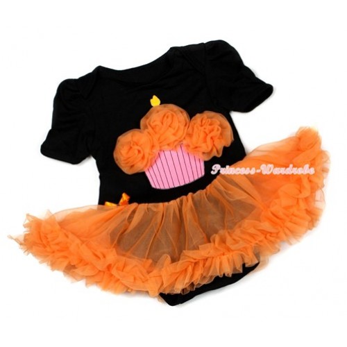 Halloween Black Baby Jumpsuit Orange Pettiskirt with Orange Rosettes Birthday Cake Print JS1284 