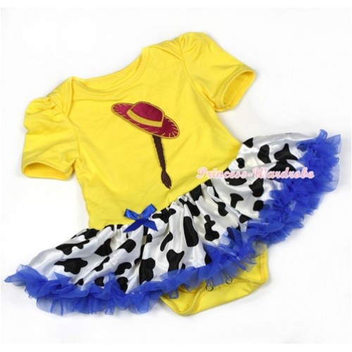 Yellow Baby Jumpsuit Royal Blue Milk Cow Pettiskirt with Cowgirl Hat Braid Print JS1286 