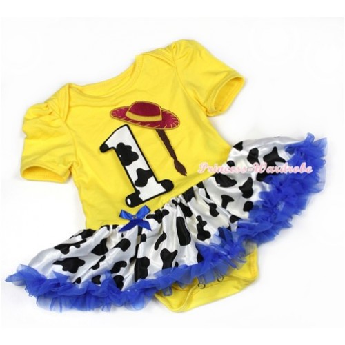 Yellow Baby Jumpsuit Royal Blue Milk Cow Pettiskirt with 1st Cowgirl Hat Braid Milk Cow Birthday Number Print JS1287 