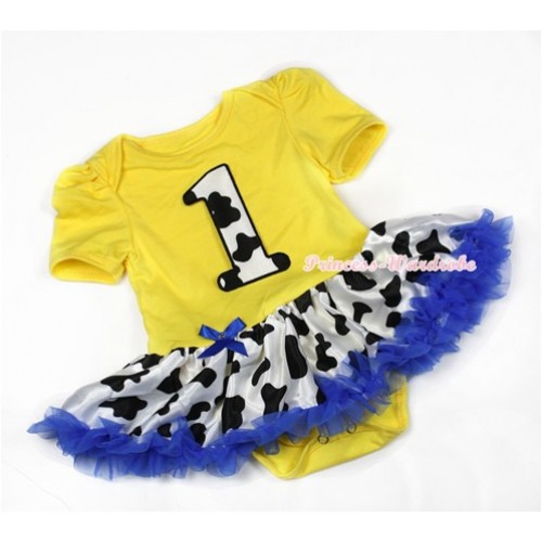 Yellow Baby Jumpsuit Royal Blue Milk Cow Pettiskirt with 1st Milk Cow Birthday Number Print JS1288 