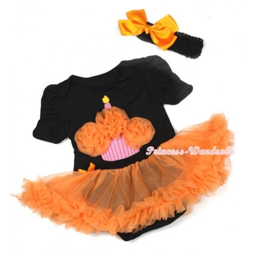 Halloween Black Baby Jumpsuit Orange Pettiskirt With Orange Rosettes Birthday Cake Print With Black Headband Orange Silk Bow JS1298 