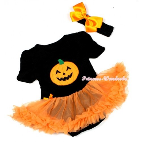 Halloween Black Baby Jumpsuit Orange Pettiskirt With Pumpkin Print With Black Headband Orange Silk Bow JS1299 