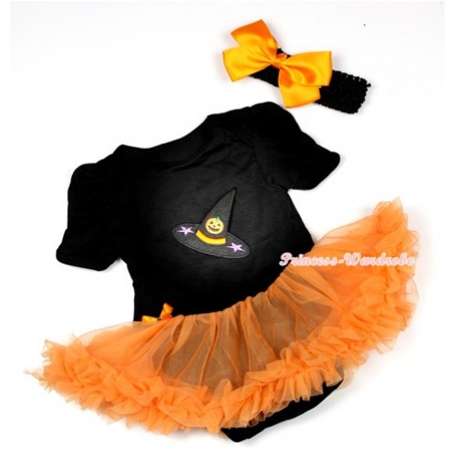 Halloween Black Baby Jumpsuit Orange Pettiskirt With Pumpkin Witch Hat Print With Black Headband Orange Silk Bow JS1301 