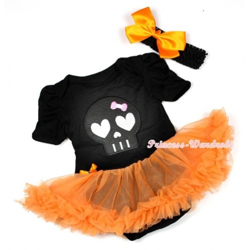 Halloween Black Baby Jumpsuit Orange Pettiskirt With Black Skeleton Print With Black Headband Orange Silk Bow JS1302 