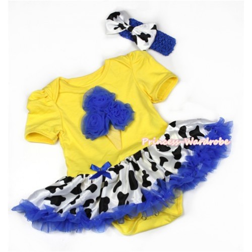 Yellow Baby Jumpsuit Royal Blue Milk Cow Pettiskirt With Royal Blue Rosettes Ice Cream Print With Royal Blue Headband Milk Cow Satin Bow JS1304 