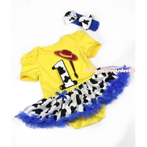 Yellow Baby Jumpsuit Royal Blue Milk Cow Pettiskirt With 1st Cowgirl Hat Braid Milk Cow Birthday Number Print With Royal Blue Headband Milk Cow Satin Bow JS1306 