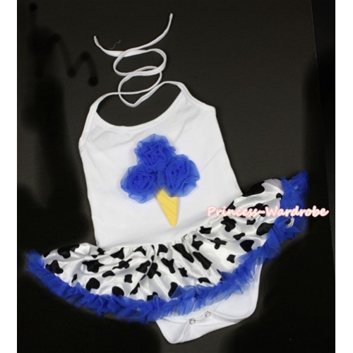 White Baby Halter Jumpsuit Royal Blue Milk Cow Pettiskirt With Royal Blue Rosettes Ice Cream Print JS1320 