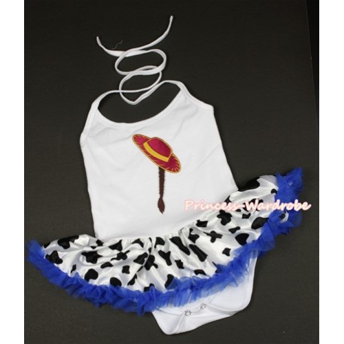 White Baby Halter Jumpsuit Royal Blue Milk Cow Pettiskirt With Cowgirl Hat Braid Print JS1324 