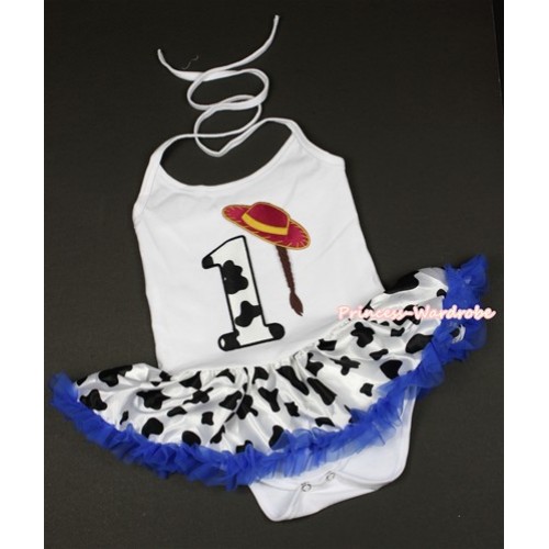 White Baby Halter Jumpsuit Royal Blue Milk Cow Pettiskirt With 1st Cowgirl Hat Braid Milk Cow Birthday Number Print JS1325 