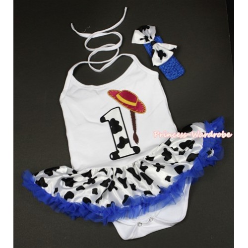 White Baby Halter Jumpsuit Royal Blue Milk Cow Pettiskirt With 1st Cowgirl Hat Braid Milk Cow Birthday Number Print With Royal Blue Headband Milk Cow Satin Bow JS1330 