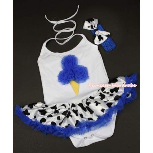White Baby Halter Jumpsuit Royal Blue Milk Cow Pettiskirt With Royal Blue Rosettes Ice Cream Print With Royal Blue Headband Milk Cow Satin Bow JS1331 