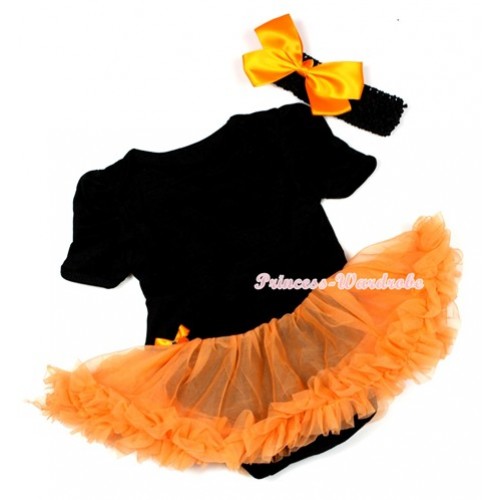 Halloween Black Baby Jumpsuit Orange Pettiskirt With Black Headband Orange Silk Bow JS1293 