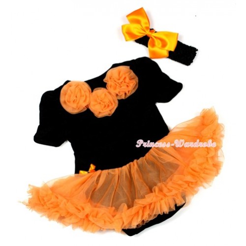 Halloween Black Baby Jumpsuit Orange Pettiskirt With Orange Rosettes With Black Headband Orange Silk Bow JS1295 