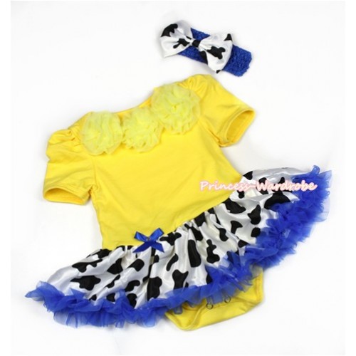 Yellow Baby Jumpsuit Royal Blue Milk Cow Pettiskirt With Yellow Rosettes With Royal Blue Headband Milk Cow Satin Bow JS1296 