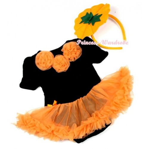 Halloween Black Baby Jumpsuit Orange Pettiskirt With Orange Rosettes With Pumpkin Costume JS1311 