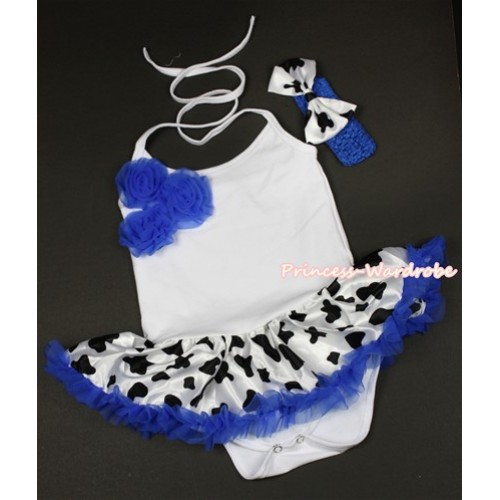 White Baby Halter Jumpsuit Royal Blue Milk Cow Pettiskirt With Bunch Of Royal Blue Rosettes With Royal Blue Headband Milk Cow Satin Bow JS1328 
